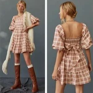 NWT Faithfull the Brand Plaid Eryn Puff Sleeve Mini Tiered Ruffle Dress Size L